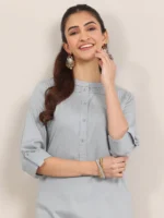 Blue Solid Cotton Blend Straight Kurta