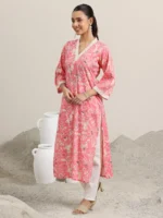 Pink Printed Cotton Blend Straight Kurta - Image 2