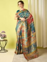 Teal Woven Viscose Saree with Unstitched Blouse - Image 3