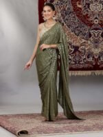 Gold and Green Sequin Embellished Crop Top and Pre-Stitched Saree (Set of 2) - Image 4