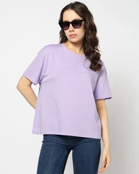473Wx593H-443075760-ltpurple-MODEL.webp Women Regular Fit Crew-Neck Cotton T-Shirt - Image 1